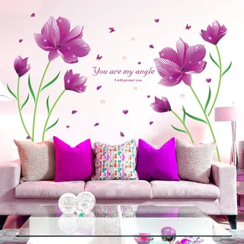 Nauja Violetinė Gražus Gėlės Drugelis Sienų Lipdukai Kambarį, TV Foną, Namų Puošybai Miegamojo, Meno, Lipdukai, Piešiniai