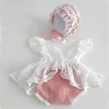 Naujagimio Fotografijos Rekvizitai Naujagimių Skrybėlę Nėrinių Romper Bodysuits Apranga Baby Girl Dress Foto Kostiumas