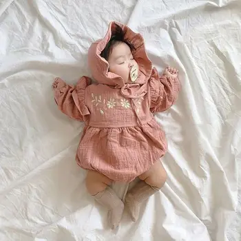Naujagimio mergina pynimas ilgomis rankovėmis bodysuit su skrybėlę kūdikių kūno bebe vienas gabalas