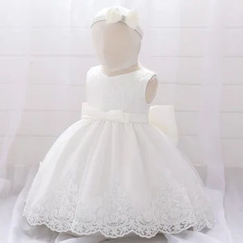 Naujagimis Baby Girl Dress Gėlių Suknelė + Lankelis Kamuolys Suknelė Priekinis lankas Nėrinių Suknelės Kūdikio Gimtadienio Princesė suknelės