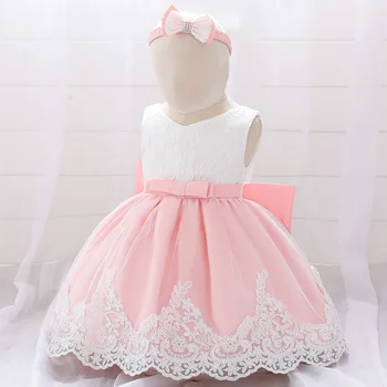 Naujagimis Baby Girl Dress Gėlių Suknelė + Lankelis Kamuolys Suknelė Priekinis lankas Nėrinių Suknelės Kūdikio Gimtadienio Princesė suknelės