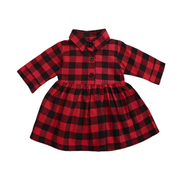 Naujagimiui Bamblys Kūdikių Mergaičių Vintage Juodas Raudonas Pledas Linijos Suknelė Atvartas Kaklo Pusę, Mova, Mygtukai, Plisuotos Suknelės Atsitiktinis