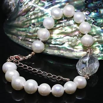 Naujai baltos spalvos natūralių gėlavandenių 9-10mm pearl apvalūs karoliukai, ovalo formos kristalų unikalus 