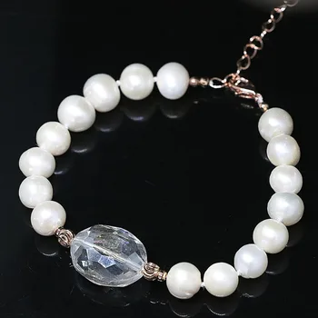 Naujai baltos spalvos natūralių gėlavandenių 9-10mm pearl apvalūs karoliukai, ovalo formos kristalų unikalus 
