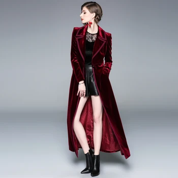 Naujas 2019 Žiemos Taku Dizaineris Moterų Derliaus Įpjovomis Apykaklės Wrap Juodo Aksomo Maxi Kailis Storas, Šiltas Ilgos Tranšėjos Paltai Outwear