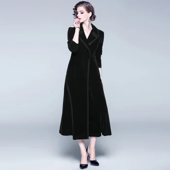 Naujas 2019 Žiemos Taku Dizaineris Moterų Derliaus Įpjovomis Apykaklės Wrap Juodo Aksomo Maxi Kailis Storas, Šiltas Ilgos Tranšėjos Paltai Outwear