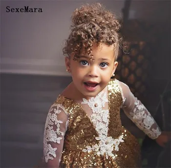 Naujas Atvykimo aukso blizgučiai balta nėrinių mergytę 1-ojo gimtadienio suknelės kamuolys suknelė vaikai mergina dress bamblys inscenizacija bet kokio dydžio suknelė