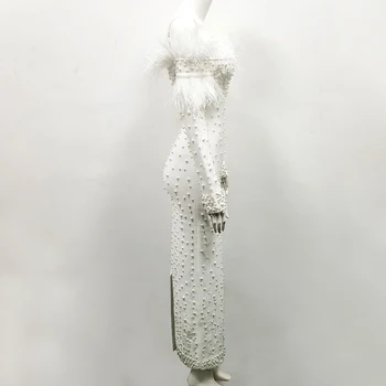 Naujas Atvykimo Balti Karoliukai Elegantiškas Vakarą Įžymybių Kutas Tvarstis Suknelė 2019 Ilgomis Rankovėmis Pavasario Žiemos Off Peties Vestidos