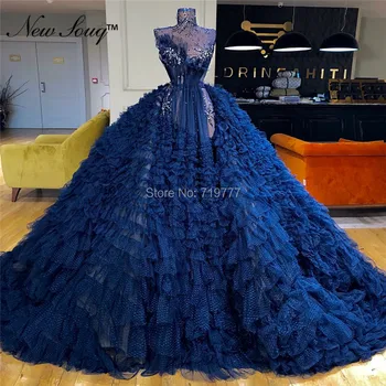 Naujas Atvykimo Mėlyna Pakopų Tiulio Kamuolys Suknelė Vakarinę Suknelę Prom Dresses 2019 Couture Įžymybė Šalis Chalatai Arabų Dubajus Chalatas De Soiree