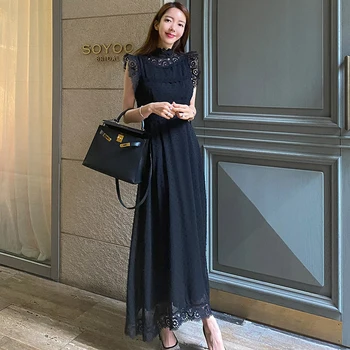 Naujas atvykimo patogus nėriniai juoda ilgai oficialų suknelė temperamentingas aukštos kokybės rankovių stilių mielas kietas-line suknelė