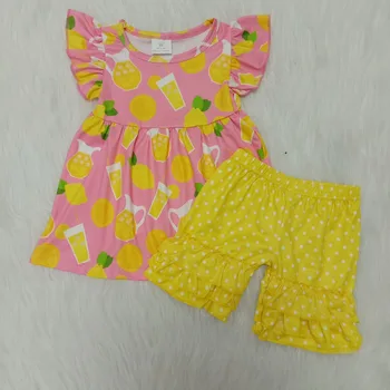 Naujas atvykimo vasaros mados mergaitėms trumpomis rankovėmis apranga su gėlių modelio ir vaisių modelis