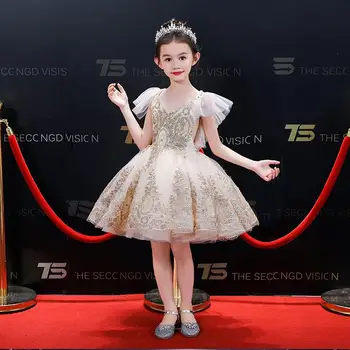 Naujas Aukso China Nėrinių Mergina Pirmos Komunijos Suknelė Tiulio Šalies Kamuolys Suknelė Gėlių Mergaitės Suknelė Vestuvių Vaikas Krikšto Princesė Vestido