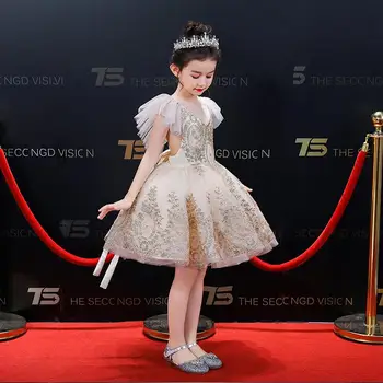 Naujas Aukso China Nėrinių Mergina Pirmos Komunijos Suknelė Tiulio Šalies Kamuolys Suknelė Gėlių Mergaitės Suknelė Vestuvių Vaikas Krikšto Princesė Vestido