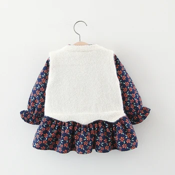 Naujas Baby Girl Dress Žiemą Šilta Fleece Viduje Šluostės Kostiumas Lankas Spausdinti Suknelės Su Mezgimo Vest 2vnt Rinkinys Kūdikiams, Vaikiška Drabužiai