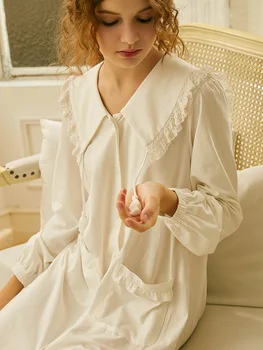 Naujas Baltos spalvos Medvilnės Moterų Ilgai Sleepwear Pavasarį, Rudenį Royal Princess Megztinis Ilgas Nightgowns Elegantiškas Sleepshirts Namų Drabužiai
