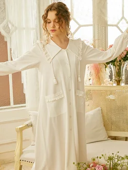 Naujas Baltos spalvos Medvilnės Moterų Ilgai Sleepwear Pavasarį, Rudenį Royal Princess Megztinis Ilgas Nightgowns Elegantiškas Sleepshirts Namų Drabužiai