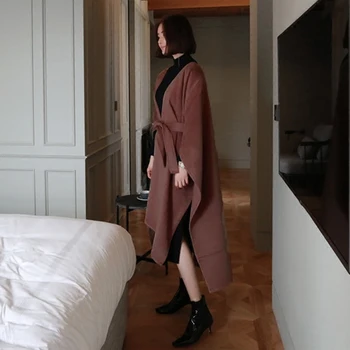 Naujas Elegantiškas V Kaklo Žiemos Žaliojo Paltai Moterims Ilgomis Rankovėmis Diržų Viršutinių Drabužių Siuvimas Kailis 2019 M. Rudenį Atsitiktinis Padalinta Streetwear Apsiaustu Paltas