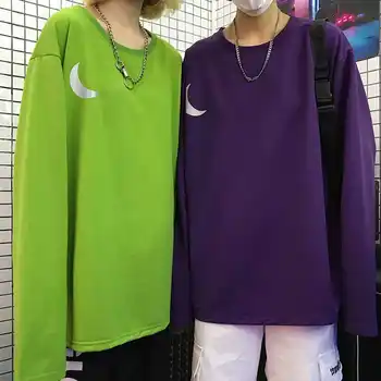Naujas Harajuku Streetwear Vyrai, moterys, Poros Mėnulis Spausdinti Atspindintis ilgomis Rankovėmis marškinėlius Hip-Hop Negabaritinių marškinėliai Tee Unisex Moteris