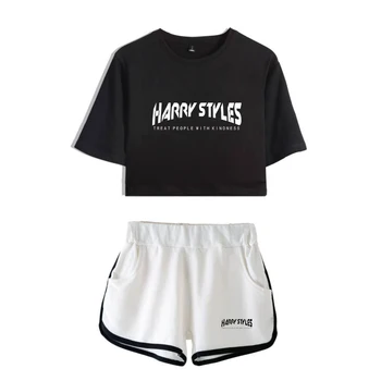 Naujas Harry Styles dviejų dalių Komplektas Vasaros Seksualus Medvilnės Atspausdinti marškinėliai Albumo Moteris Kombinezonas Šortai Pasėlių Mados Viršūnes+Šortai, Kelnės Užsakymą