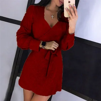 Naujas ilgomis rankovėmis mini moteris china suknelė Seksualus Rudens Žiemos Plus size V-kaklo, Kietas suknelės moterims 2020 korėjos mados drabužiai