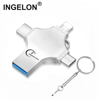 Naujas INGELON 4 1 Dizaino USB Flash Drive, iphone USB 3.0 128 GB Memory Stick OTG Pen Drive 16GB 32GB 64GB USB Personalizzata