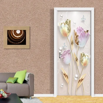 Naujas, Modernus Iškilumo Tulip Gėlių Durų Lipdukai Freskos PVC lipnios 3D Tapetai Kambarį Miegamojo Durų Dekoras, Lipdukai