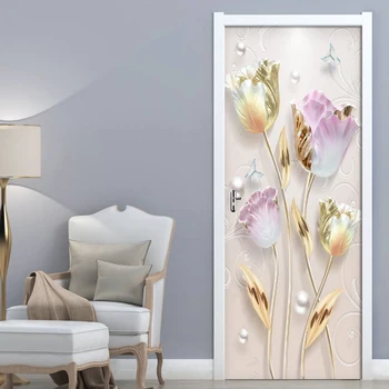 Naujas, Modernus Iškilumo Tulip Gėlių Durų Lipdukai Freskos PVC lipnios 3D Tapetai Kambarį Miegamojo Durų Dekoras, Lipdukai