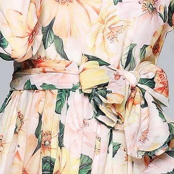 Naujas Moteriai Gėlių Šifono Suknelė O-kaklo Moterų Kelionės Stiliaus Maxi Sijonas Elegantiškas Ponios-line Šalis Suknelės Sashed Wiast Plonas Sijonas