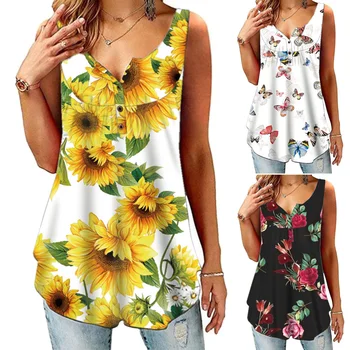 Naujas Moterys Vasarą Boho Gėlių Spausdinti Vest Viršūnes Moteriški Berankoviai Marškinėliai Tee Paplūdimio SCI88