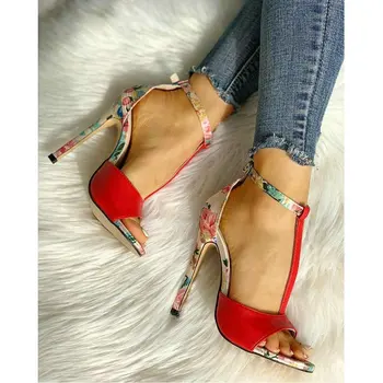 Naujas ponios spalvinga gėlių net raudona sandalai moterims vasaros T-formos sagtis seksualus mados mergaitė aukštos obcasie sandalai B61-54 SN