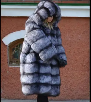 Naujas Prekės ženklas Žiemos tikras Natūralus Lapės Kailis Kailis Storas Silver Fox Moterų Striukė Su Didelės Lapės Kailio Gaubtas Viršutiniai drabužiai Šilta Moteris