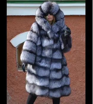 Naujas Prekės ženklas Žiemos tikras Natūralus Lapės Kailis Kailis Storas Silver Fox Moterų Striukė Su Didelės Lapės Kailio Gaubtas Viršutiniai drabužiai Šilta Moteris