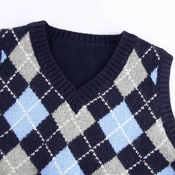 Naujas Vintage Megztinis Liemenė Moterims Y2K Viršūnes Argyle Megztinis be Rankovių Skara Megzti Augalų Viršūnės Megztiniai Rudenį Megztiniai Moterims