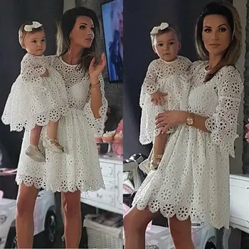 Naujas Šeimos Derinti Drabužius Moterims Gėlių Nėrinių Suknelė Baby Girl Mini Suknelė Mama Baby Girl Šalies Drabužių Motina Dukra Suknelės
