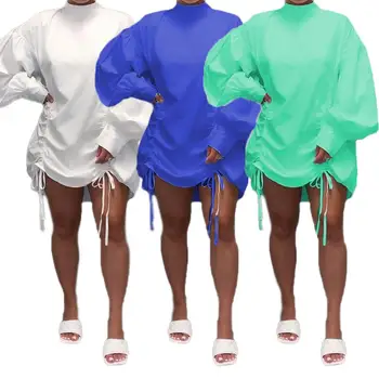 Naujausias 2020 Vientisos Spalvos Laisvi Marškinėliai Suknelė Raišteliu Atsitiktinis Plius Dydis Suknelė Stovėti Apykaklės, Ilgos Rankovės, Trumpos Suknelės Moterims, Drabužiai