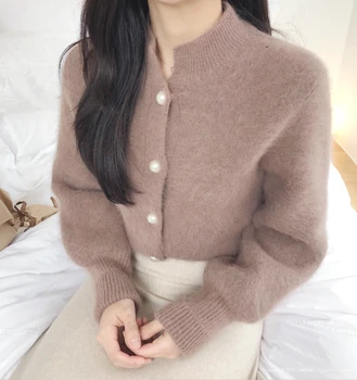 Naujausias korėjos Stiliaus susagstomi megztiniai Kietas O-kaklo, ilgomis Rankovėmis Minkštas Megzti Megztinis Moterims Perlų Mygtukai Vieną Krūtinėmis Elegantiškas Paltas