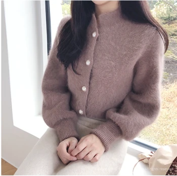 Naujausias korėjos Stiliaus susagstomi megztiniai Kietas O-kaklo, ilgomis Rankovėmis Minkštas Megzti Megztinis Moterims Perlų Mygtukai Vieną Krūtinėmis Elegantiškas Paltas