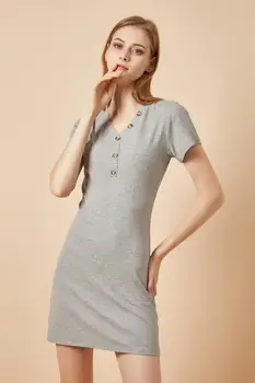 Nauji karšto pardavimo moterų megzti suknelę grynos medvilnės ilgai marškinėliai moterų V-kaklo, trumpas rankovėmis megztiniai trumpas sijonas