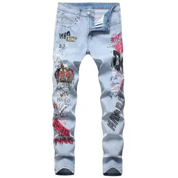 Naujos gatvės, hip-hop madinga vyriški vyrai šviesi anga išsiuvinėti džinsinio audinio kelnės high-end 3D spausdinimo karalius ruožas džinsai kelnės