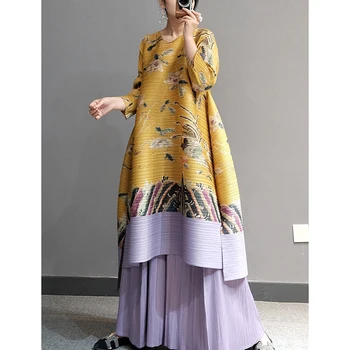Naują Pavasario ir Rudens etninės stiliaus moterų high-end užsienio stilius - line suknelė-ultra plonas printed dress MIYAKE suknelės klostes