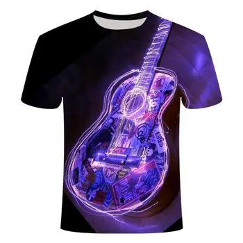 Naują Šiaurės vyriški 3D tendencija raudonos šviesos gitara trumpomis rankovėmis T-shirt spausdinti naujos hip-hop įgulos kaklo populiarus vyriški marškiniai