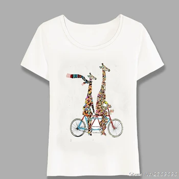 Naujų Gyvūnų, Animacinių filmų Vasarą Moterys t-shirt Žirafos Patinka Įmonė Iš Tandemas Dviračių T-Shirt Viršūnes Ponios Tees Harajuku