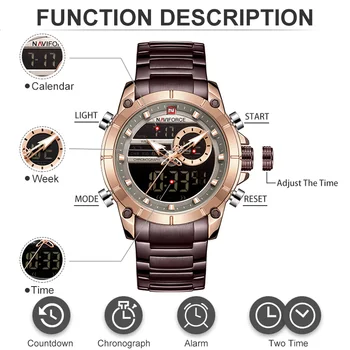 NAVIFORCE 9163 Mados, Prabangos Prekės, vyriški Sportiniai Laikrodžiai Full Steel Reikalas Kvarco Chronograph Skaitmeninis Laikrodis