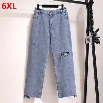 Negabaritinių Moterų Rudenį Skylę Džinsai labai Didelis Moterų Plati Koja Pants plus size aukšto juosmens nelaimę ripped jeans 6XL 5XL