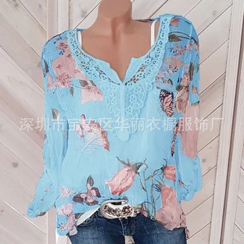 Negabaritinių palaidinė 2020 metų vasaros marškinėliai ilgomis rankovėmis atspausdintas marškinėliai lace V-neck nėrinių marškinėliai šifono marškinėliai moterims
