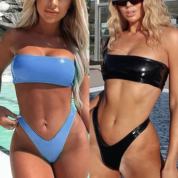 Neoninė Žalia Blizga PU Bikini 2021 Moterų Užtrauktukas maudymosi kostiumėlį Moteris Brazilijos maudymosi Kostiumėliai, Push up Bikinis Aukštai supjaustyti Thong Maudymosi Kostiumas