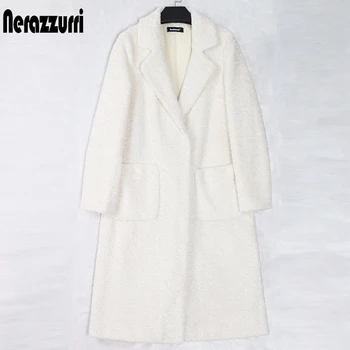 Nerazzurri Žiemos baltos ilgai dirbtiniais kailių paltai moterims ilgomis rankovėmis atvartas kišenės Minkštos šviesos elegantiškas, šiltas karakul kailinius moterims