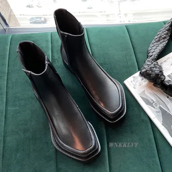 Netaisyklingos kvadratinės pėdos trumpi auliniai batai moterims, butas kulnas komfortą kulkšnies botas 2020 britų stiliaus juoda balta 