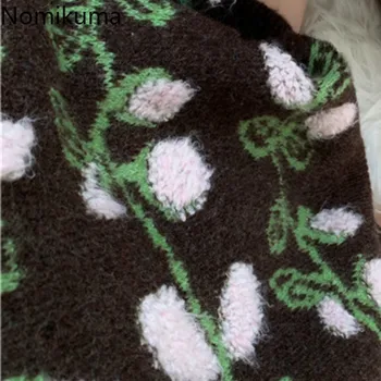 Nomikuma Megztinis Džemperis Moterims Prarasti Atsitiktinis O Kaklo, ilgomis Rankovėmis Žakardo Modelis Derliaus Gėlių Megztiniai korėjos Džemperiai 3d490