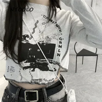 NYOOLO Atsitiktinis streetwear nereguliarus raidžių spausdinti aukštos juosmens long sleeve t-shirt moterims, Harajuku hip-hop, punk puloveriai viršūnes tee